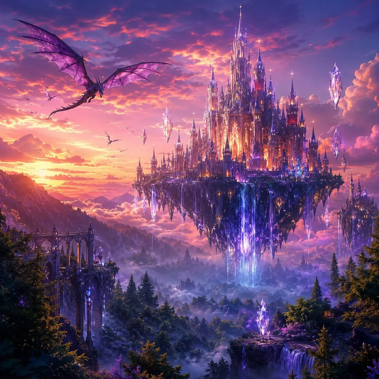 High-quality AI-generated fantasy landscape art by Midjourney, featuring a glowing castle floating above a misty forest under a purple and orange sunset sky.