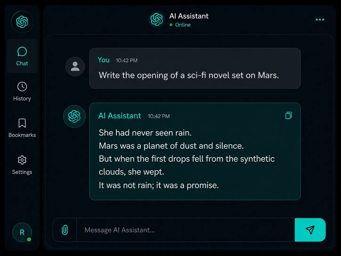 Chat interface showing Mistral Le Chat's response to a sci-fi writing prompt, demonstrating its unique and literary prose style for creative writing.