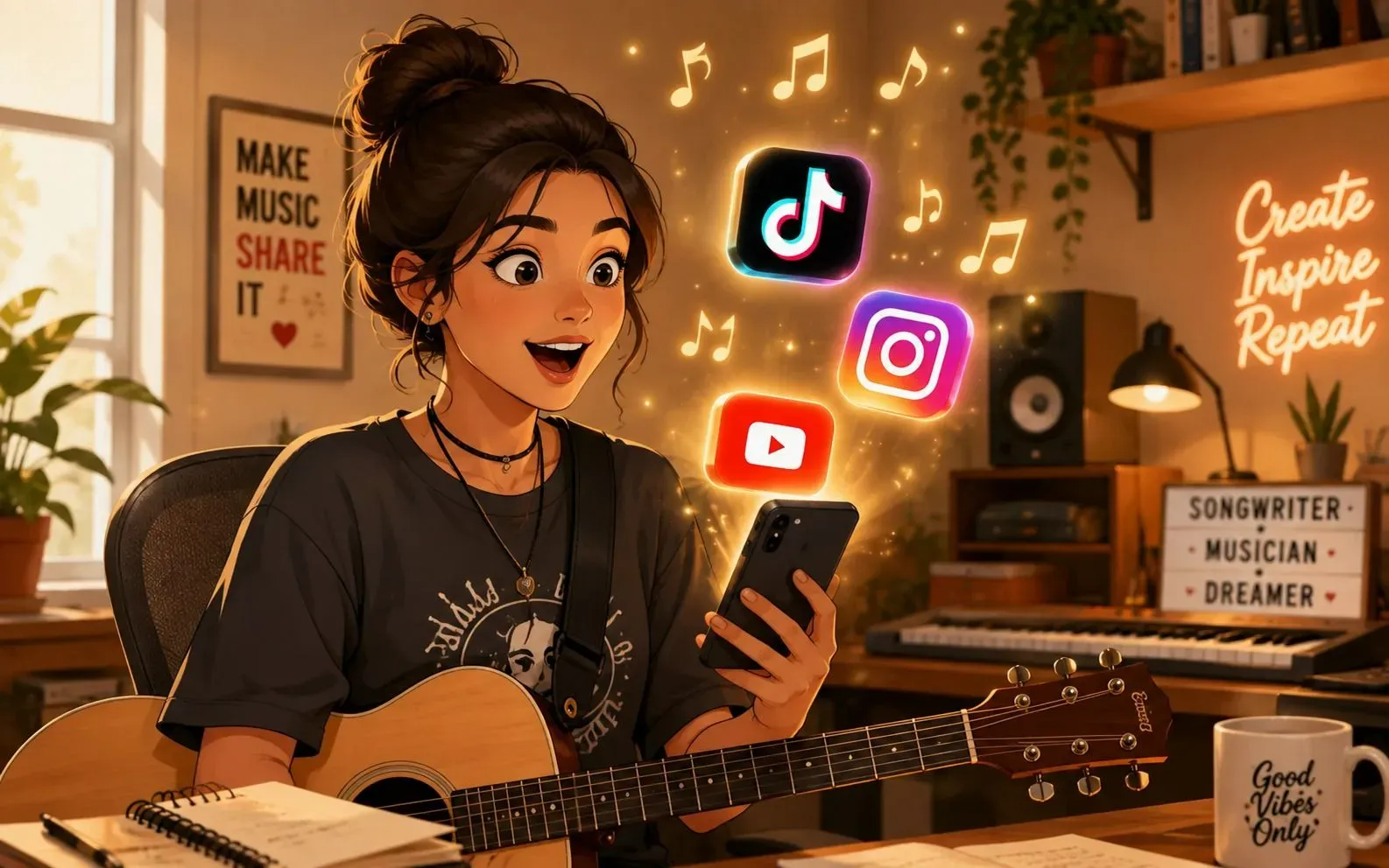 Illustration of a young female musician holding a smartphone with glowing social media notification icons (TikTok, Instagram, YouTube) floating around her, representing a viral success story using AI music videos.