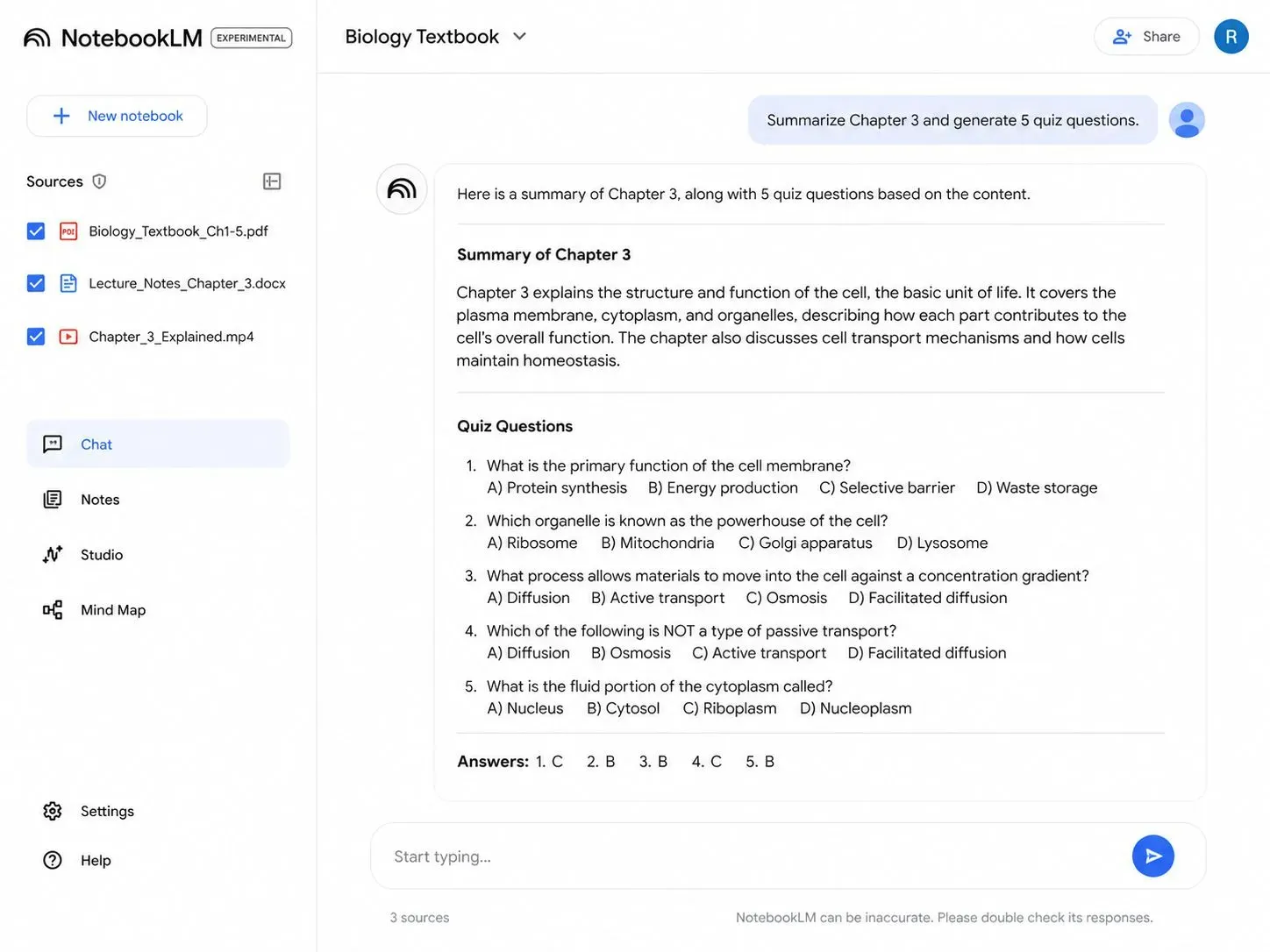 NotebookLM interface showing a student asking the AI to summarize Chapter 3 and generate 5 quiz questions, with the AI providing detailed answers and citations.