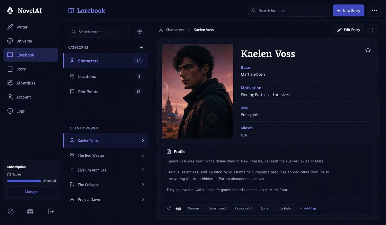 NovelAI's Lorebook interface showing a character profile page with details like name, backstory, motivations, and physical traits for consistent novel writing.
