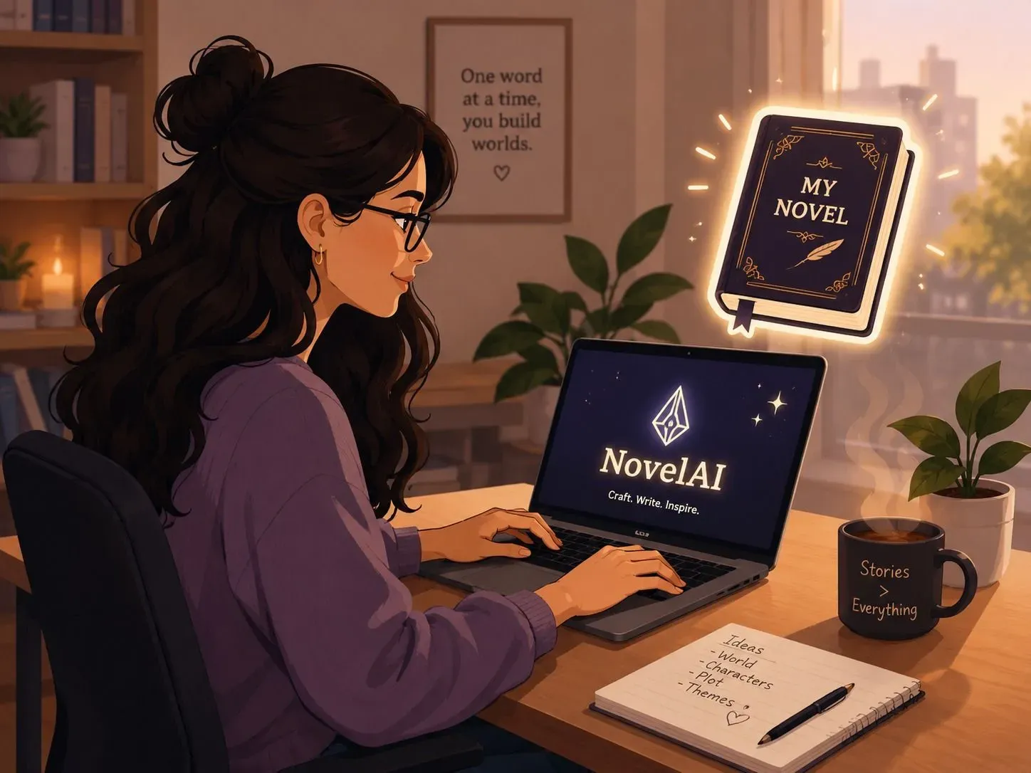 Illustration of a female novelist writing on a laptop with a glowing NovelAI logo on the screen, representing a real-world case study of a writer finishing a 90,000-word sci-fi novel using AI.