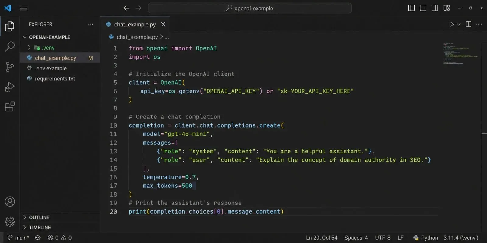 VS Code editor screenshot showing Python code that imports the OpenAI client and sends a test prompt to the GPT-5.5-mini model.