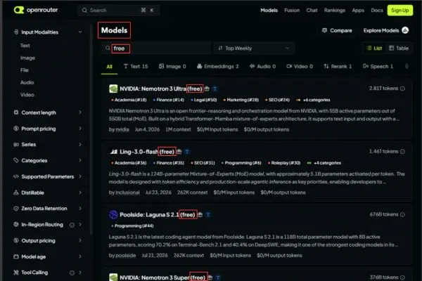 OpenRouter models page showing the 'Models' heading and the 'free' filter applied, listing zero-cost AI models like Nemotron 3 Ultra and Ling-3.0-flash.