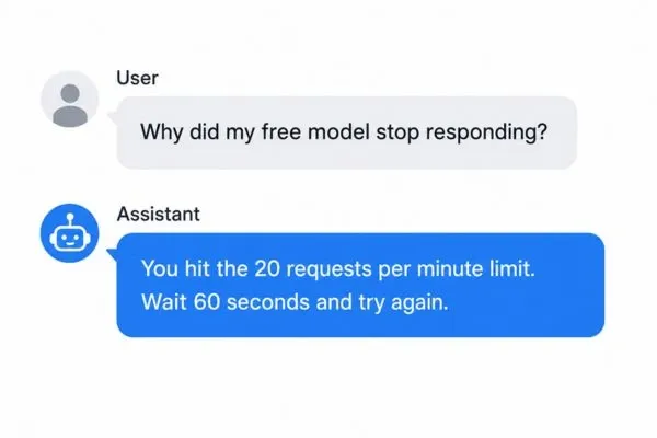 Chat mockup showing a user asking why their free model stopped responding, and the assistant replying they hit the 20 requests per minute rate limit.