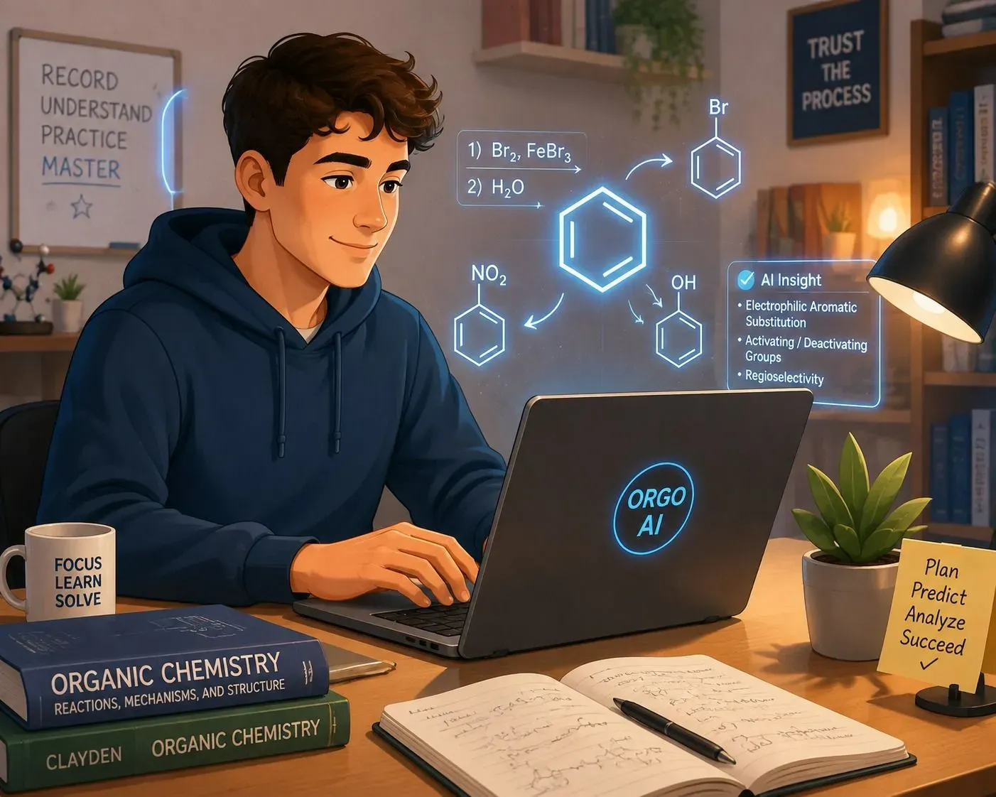 Illustration of a college student studying organic chemistry on a laptop, with a glowing chemical structure and reaction arrows floating above the screen.