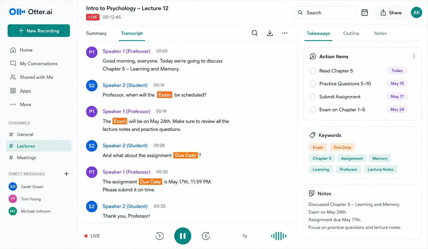 Otter.ai transcription interface showing a real-time lecture transcript with speaker labels, keyword highlights, and an AI-generated action items list.