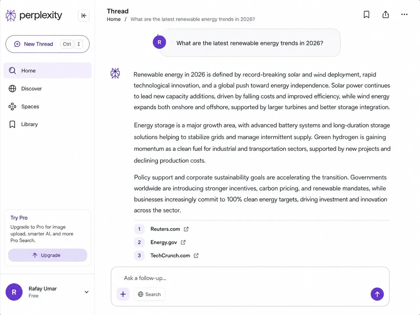 Perplexity AI interface showing a research query with 5 numbered citations linked to live web sources, allowing users to fact-check and verify every claim.
