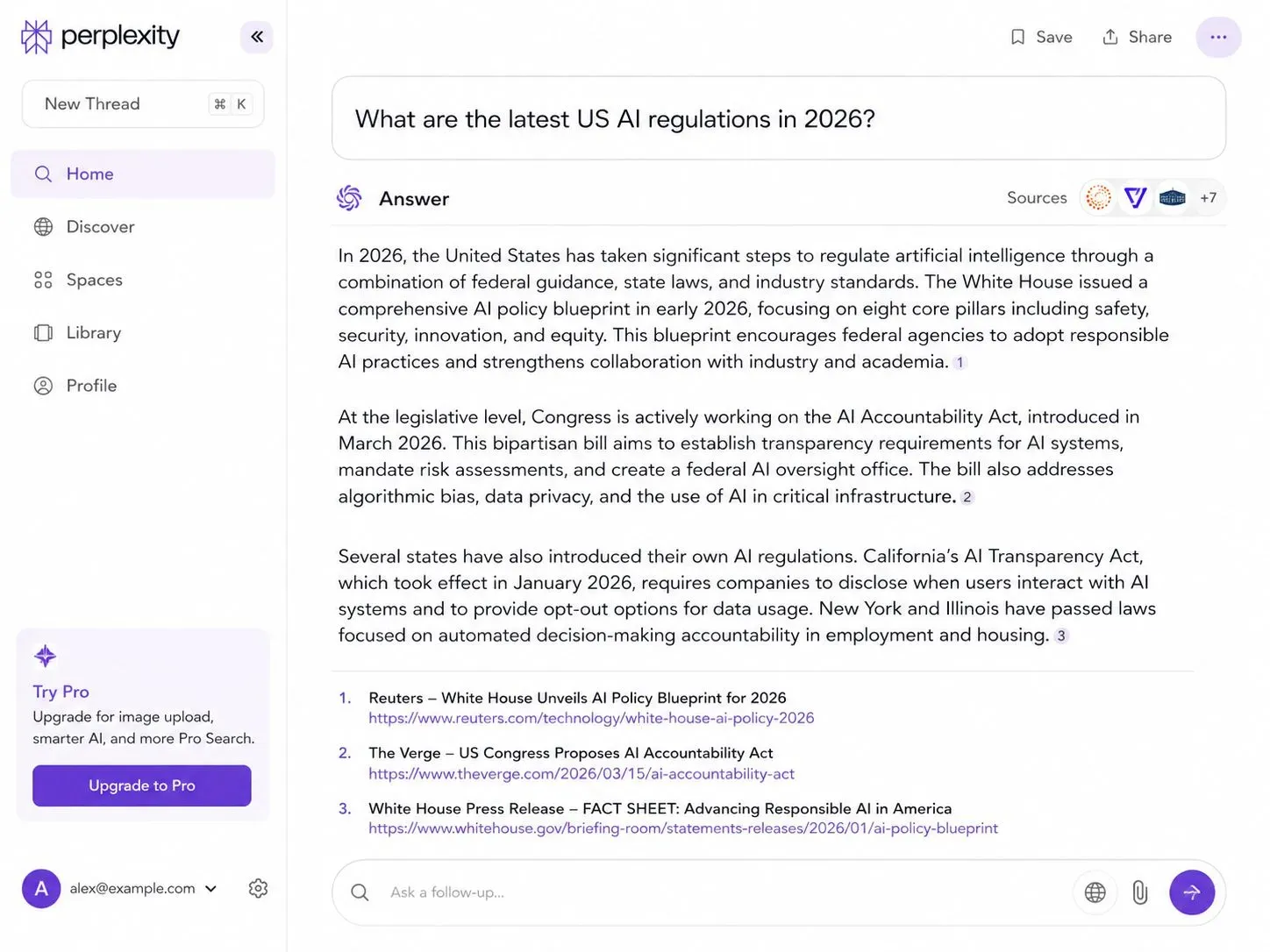Perplexity Pro interface showing a user asking 'What are the latest US AI regulations in 2026?' and the AI providing a detailed answer with citations and source links.