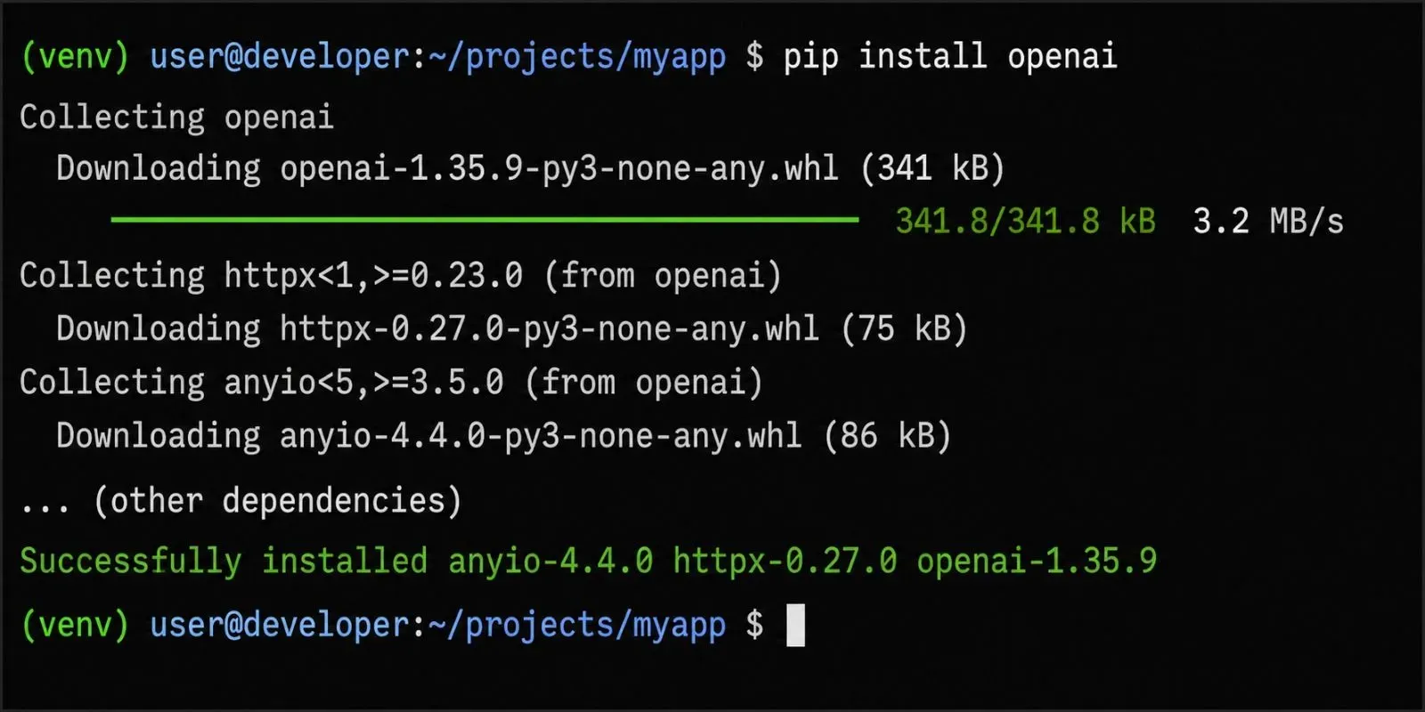 Terminal screenshot showing the pip install openai command used to install the OpenAI Python library.