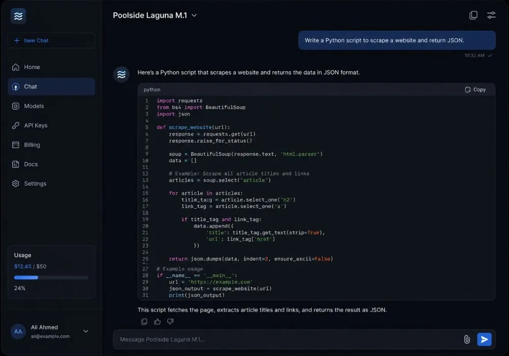 Dark-mode AI chat interface showing Poolside Laguna M.1 generating a Python script to scrape a website and return JSON data.