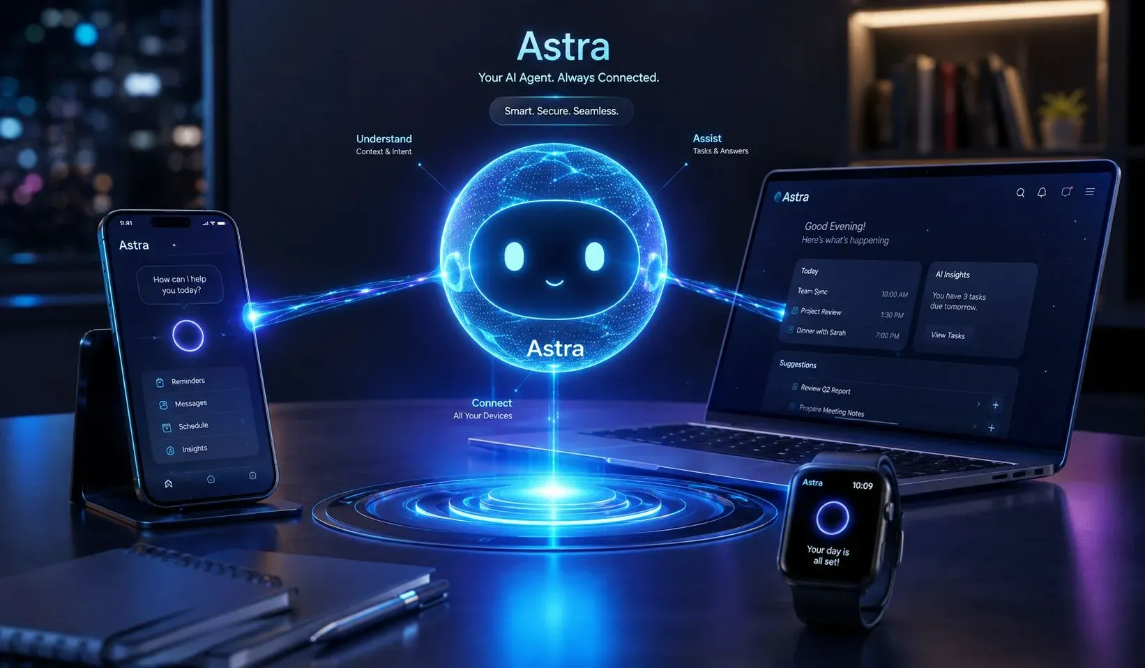 Concept illustration of OpenAI's Project Astra AI agent interacting seamlessly with a user's smartphone, laptop, and smartwatch, representing its multimodal, real-time capabilities.