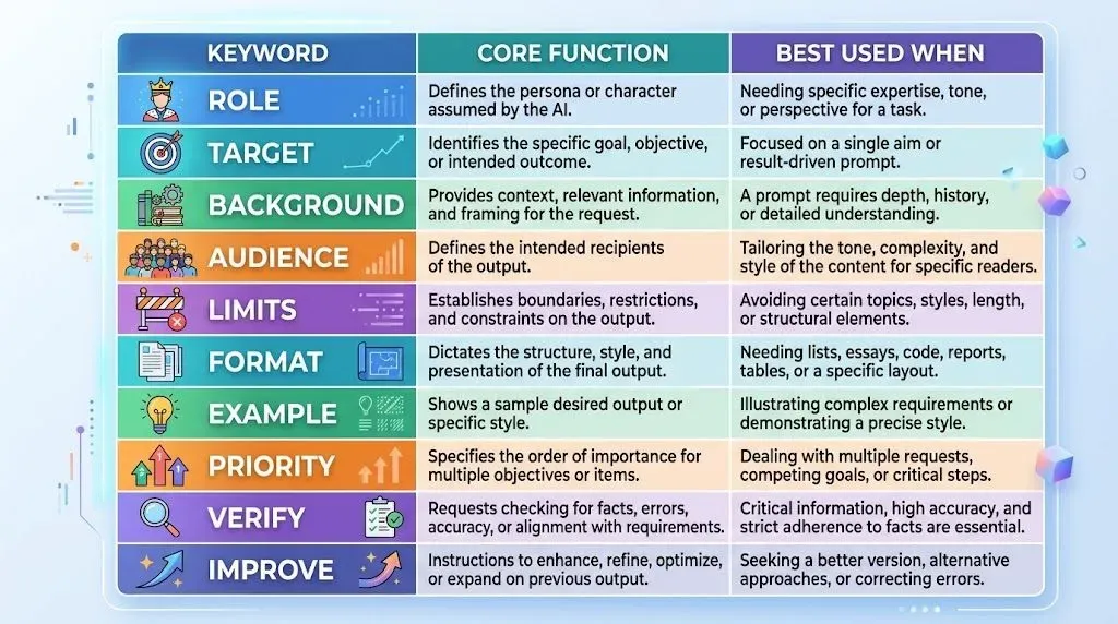 Infographic summarizing the 10 essential prompt keywords and their functions.