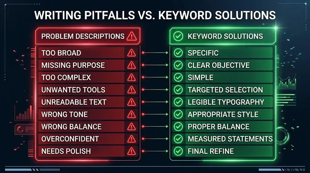 Infographic showing a troubleshooting table matching problems to keywords.