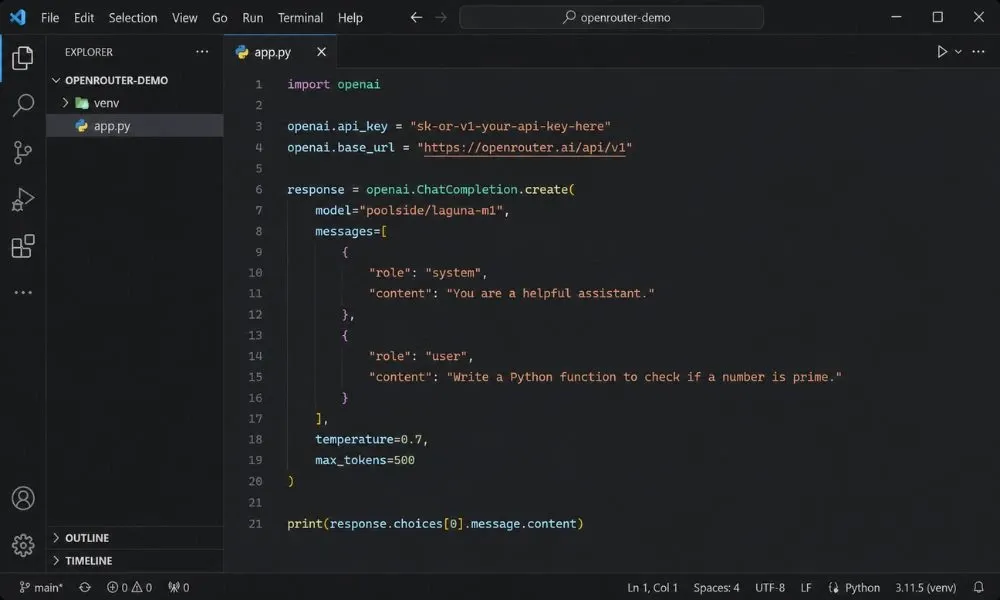 VS Code editor screenshot showing Python code using the OpenAI library to connect to the OpenRouter API and call the poolside/laguna-m1 model.