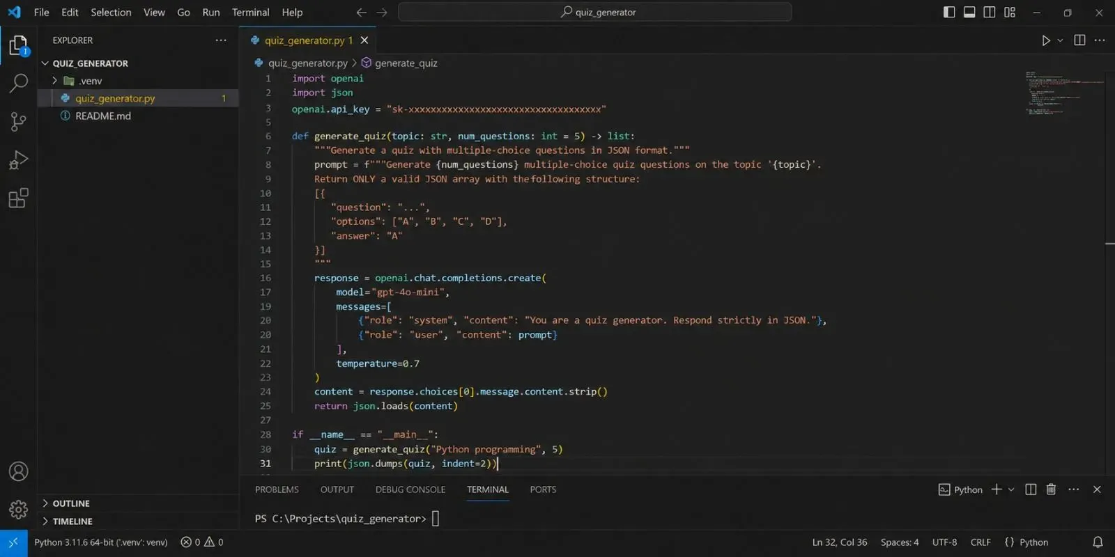 VS Code editor screenshot showing Python code that generates a multiple-choice quiz using the OpenAI API, formatting the output as JSON.