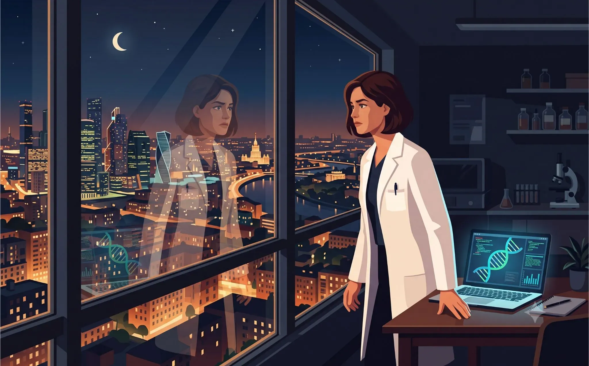 Illustration of a female scientist in a lab coat looking contemplatively out a window at night, reflecting on the ethical and biosecurity implications of creating the first AI-designed virus.