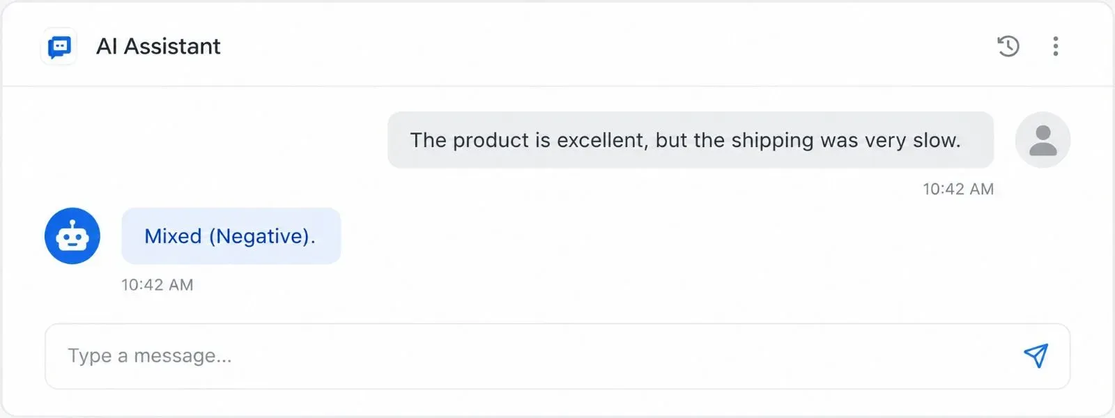 Chat interface showing a sentiment analysis demo: User inputs 'The product is excellent, but the shipping was very slow' and the AI responds with 'Mixed (Negative)'.