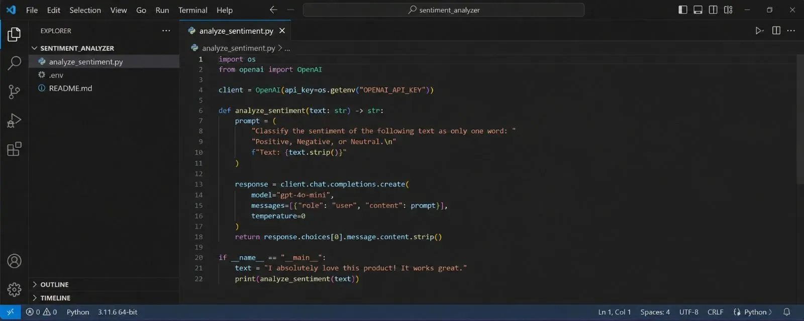 VS Code editor screenshot showing Python code for a sentiment analyzer that uses the OpenAI API to classify text as positive, negative, or neutral.