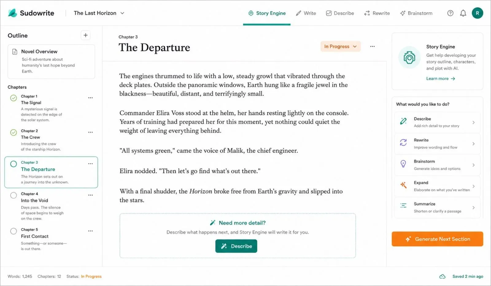 Sudowrite Story Engine dashboard showing a chapter-by-chapter novel outline, with draft generation tools and scene expansion features for fiction writers.