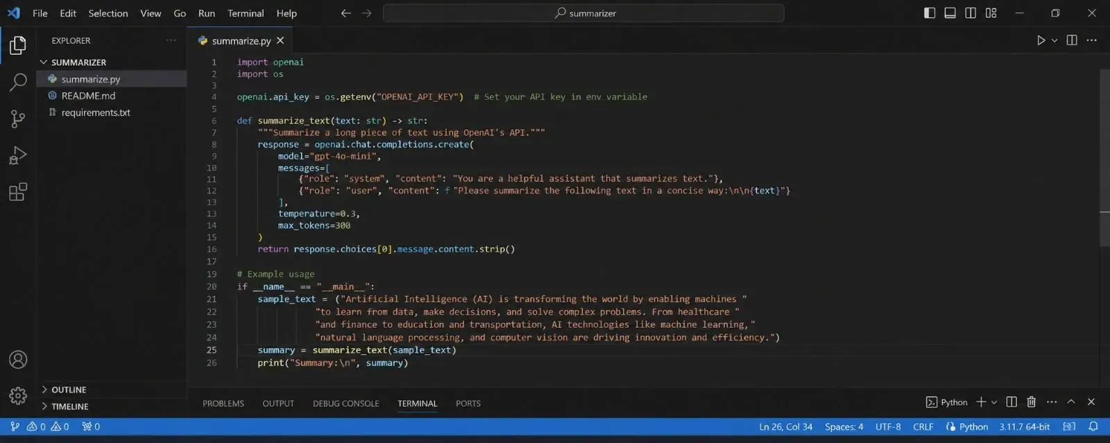 VS Code editor screenshot showing Python code for a text summarizer that uses the OpenAI API to condense long articles into 3 sentences.