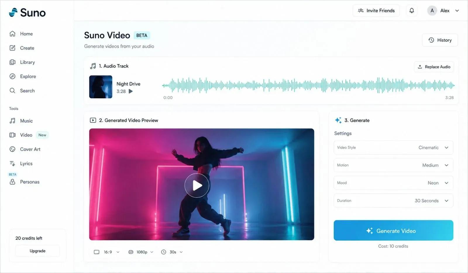Suno AI web interface showing an uploaded music track waveform, a generated video scene preview, and a 'Generate Video' button for creating AI music videos.