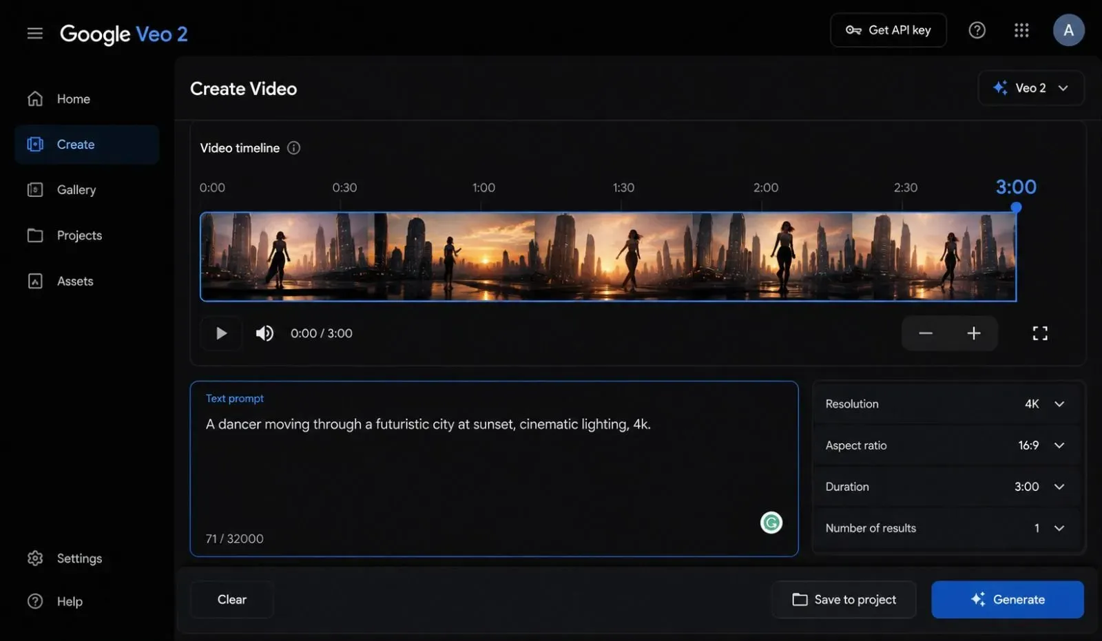 Google Veo 2 interface showing a video timeline spanning 3 minutes, with keyframe markers and a text prompt box for generating long-form cinematic music videos.
