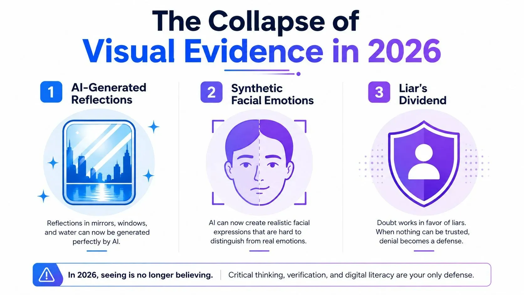 Infographic showing how visual proof is breaking down with examples of AI-generated video elements like reflections and facial emotions.